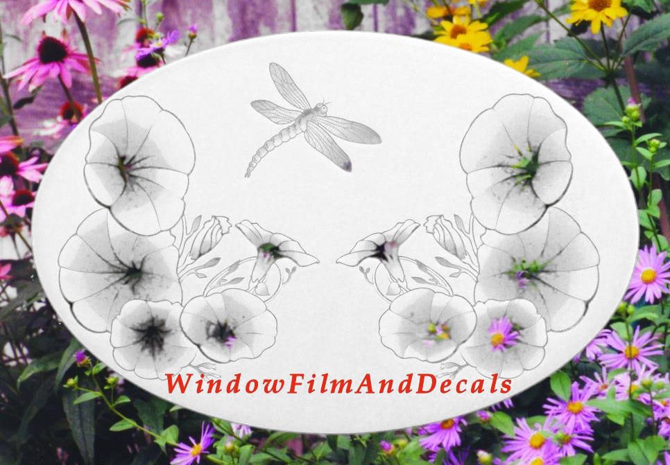Morning Glory & Dragonfly Oval Static Cling Window Decal - White with Clear Design
