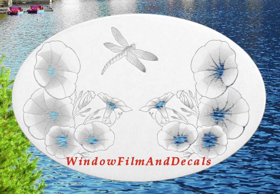 Morning Glory & Dragonfly Oval Static Cling Window Decal - White with Clear Design