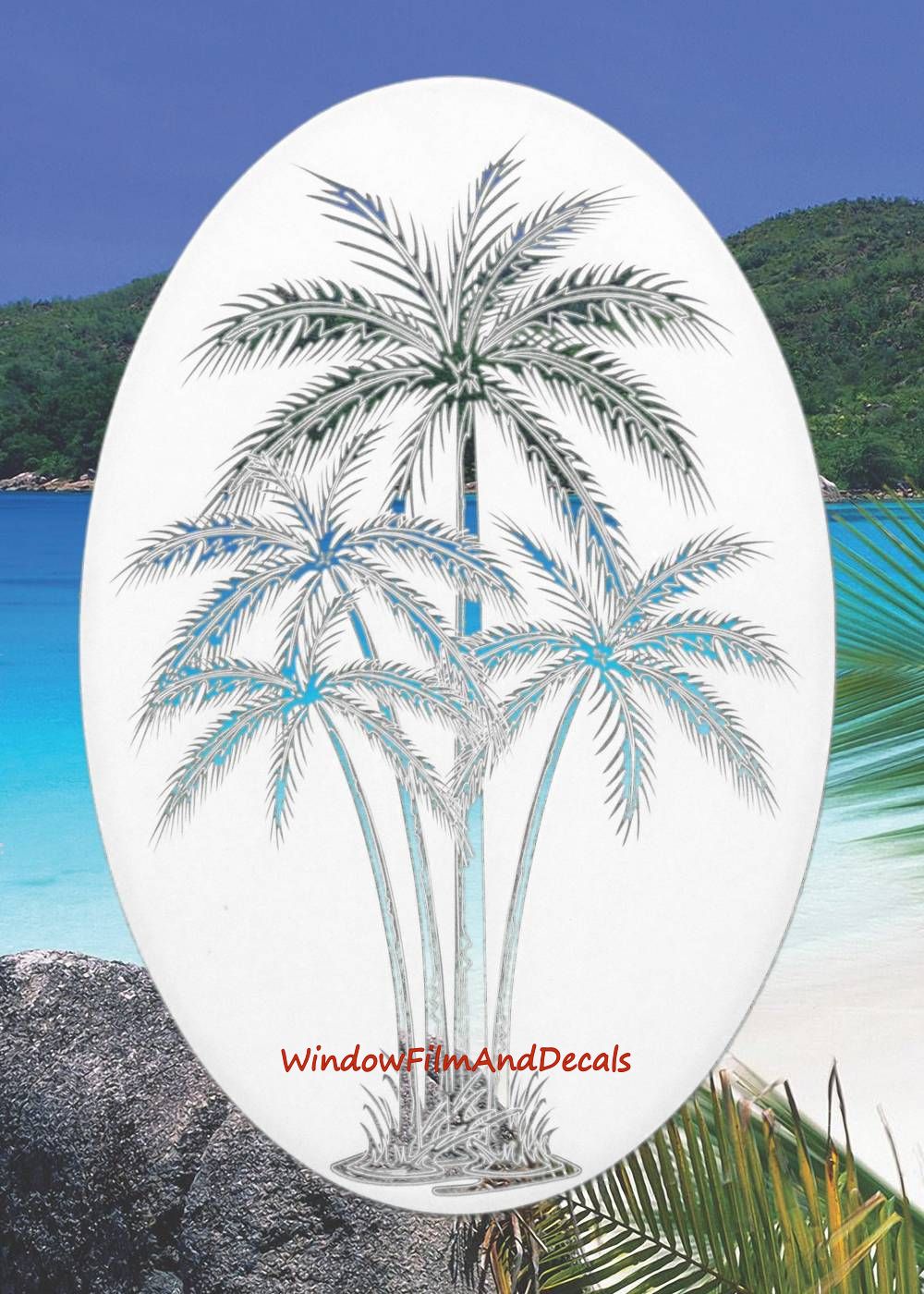 Palm Trees Center Oval Static Cling Window Decal - White w/Clear Design