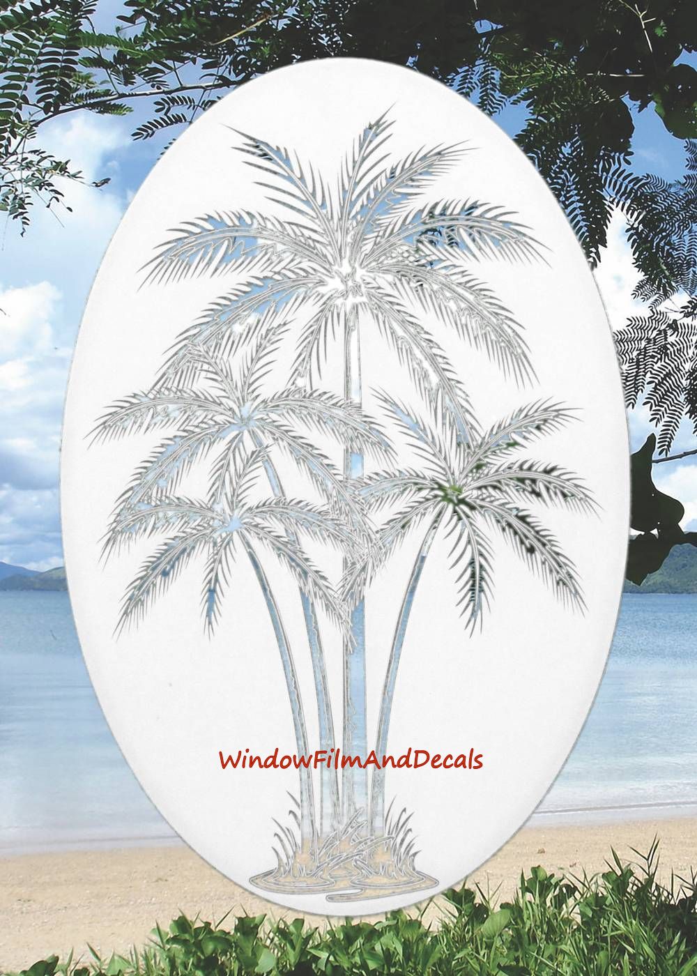 Palm Trees Center Oval Static Cling Window Decal - White w/Clear Design