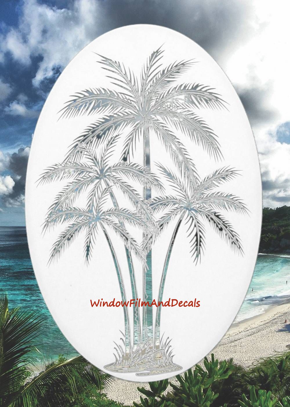 Palm Trees Center Oval Static Cling Window Decal - White w/Clear Design
