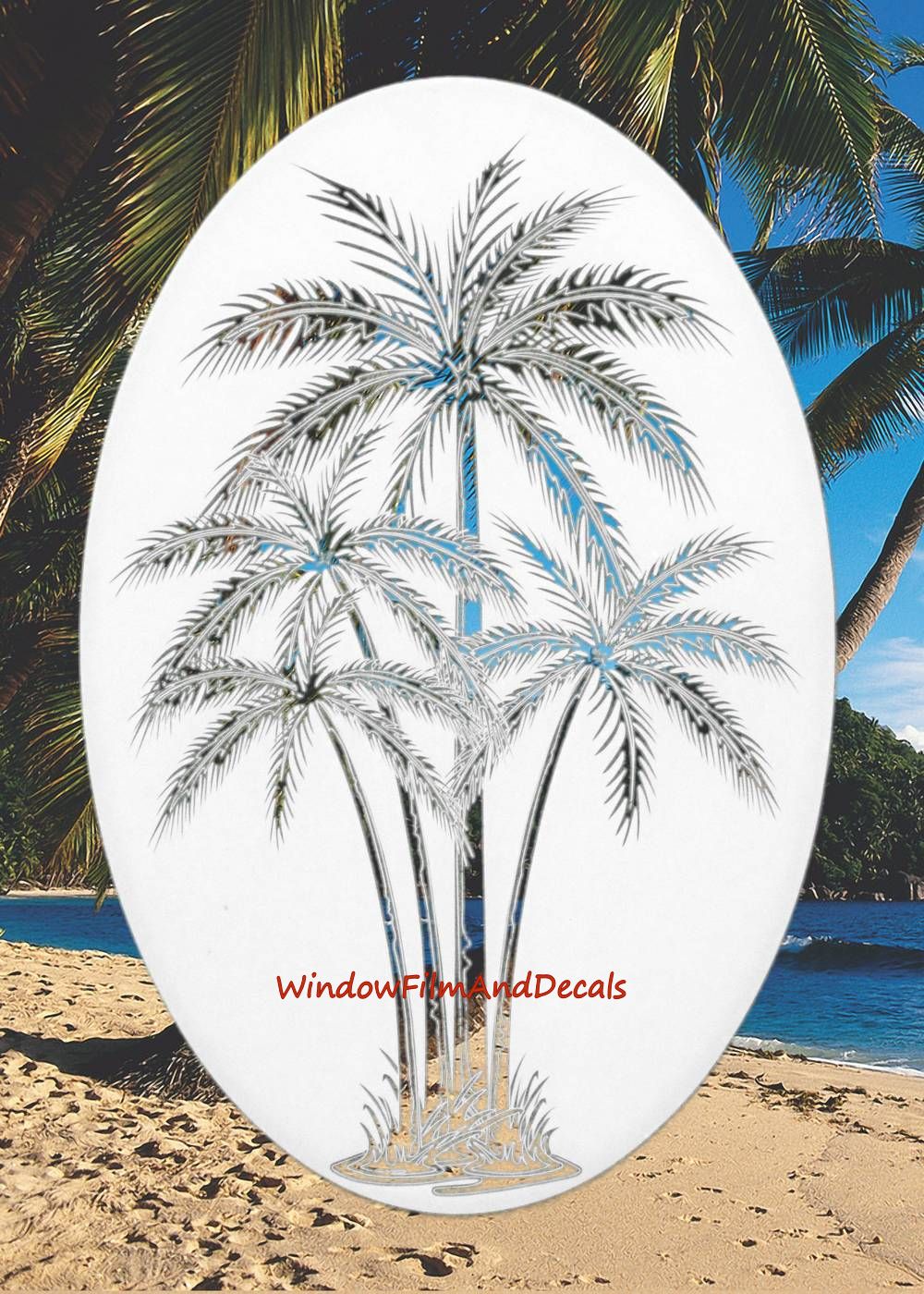 Palm Trees Center Oval Static Cling Window Decal - White w/Clear Design