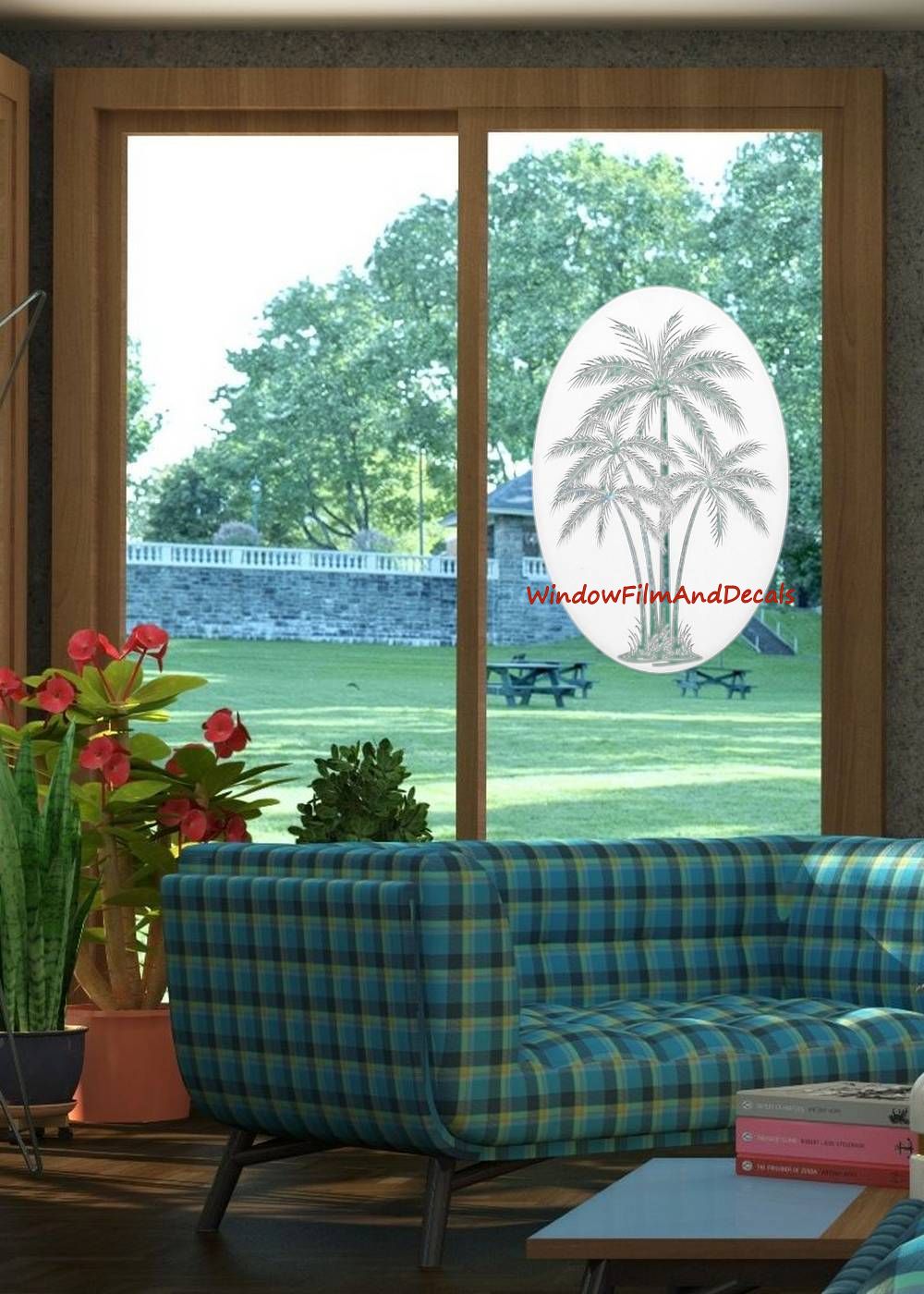 Palm Trees Center Oval Static Cling Window Decal - White w/Clear Design