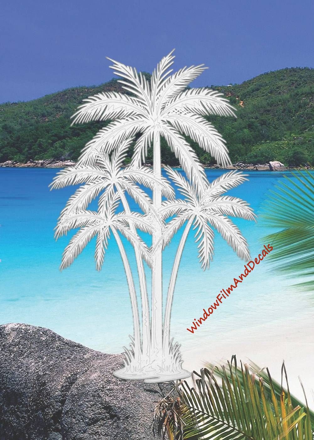 Palm Trees Center Oval Static Cling Window Decal - Clear w/White Palm Design