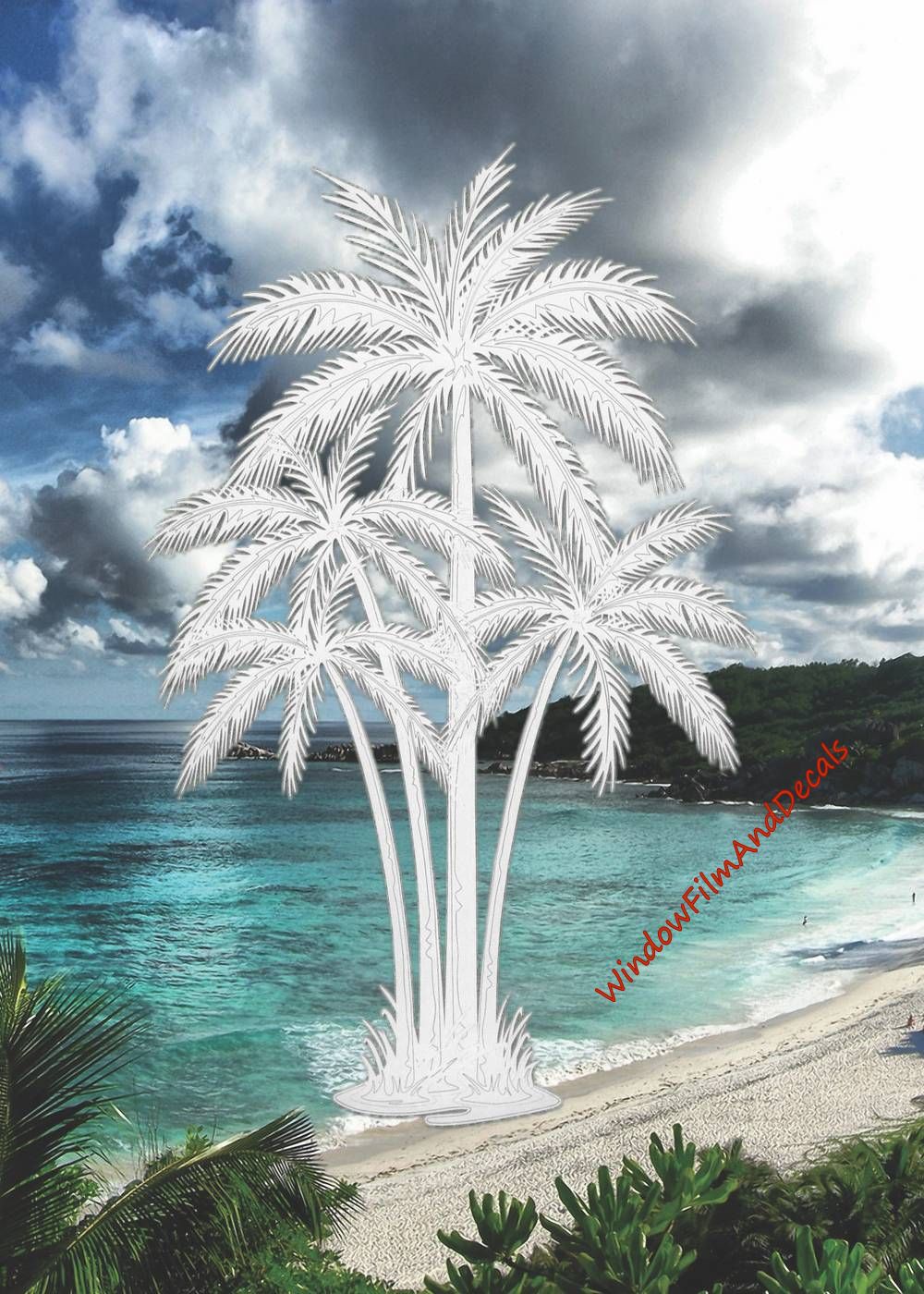 Palm Trees Center Oval Static Cling Window Decal - Clear w/White Palm Design