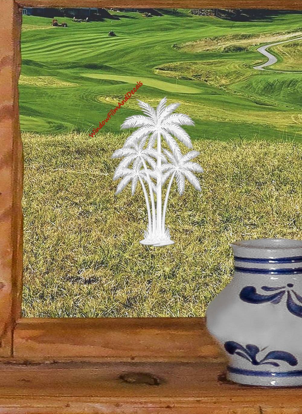Palm Trees Center Oval Static Cling Window Decal - Clear w/White Palm Design