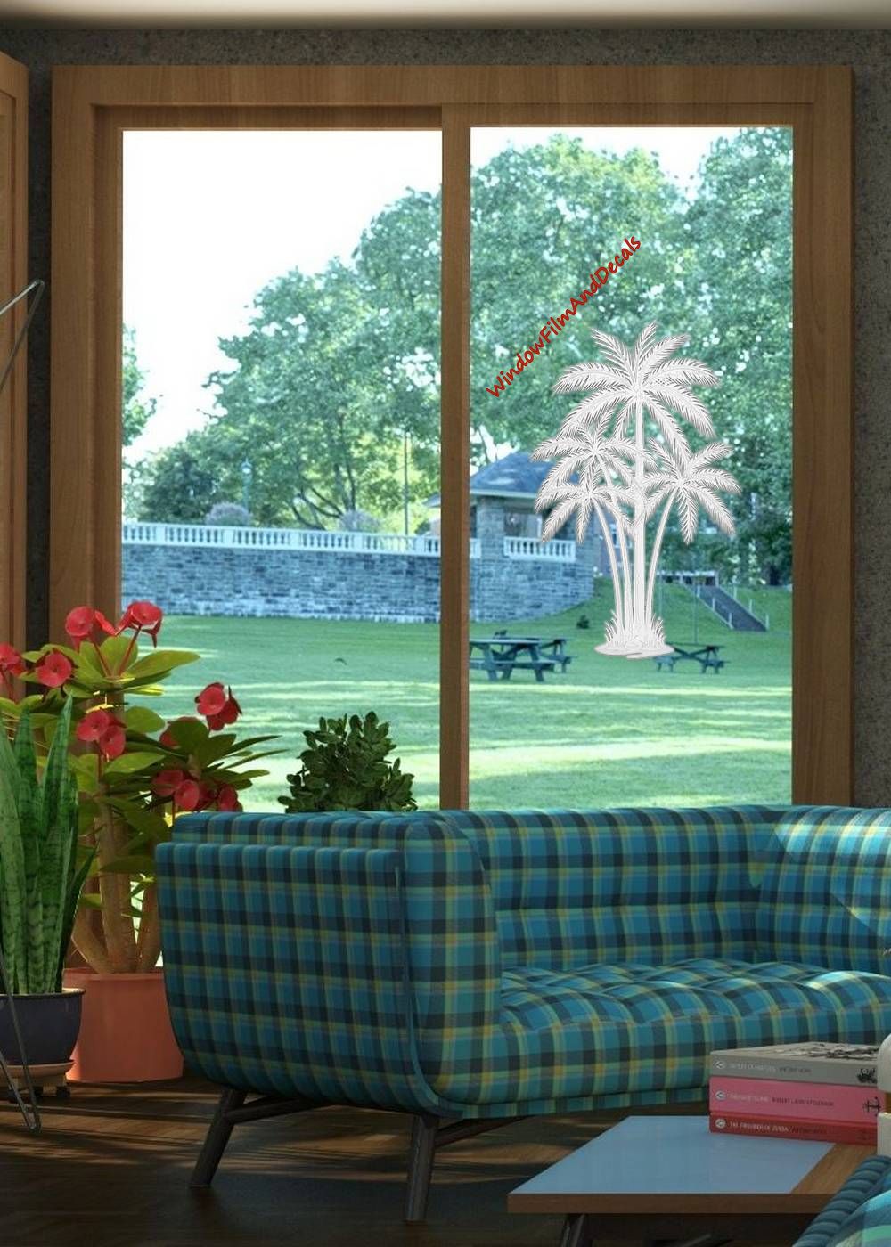Palm Trees Center Oval Static Cling Window Decal - Clear w/White Palm Design