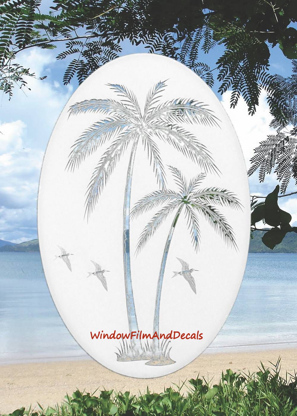 Palm Trees Oval Static Cling Window Decal Left Leaning - White w/Clear Design