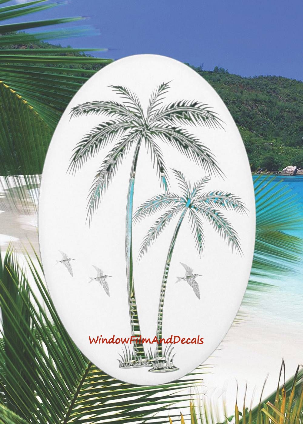 Palm Trees Oval Static Cling Window Decal Left Leaning - White w/Clear Design