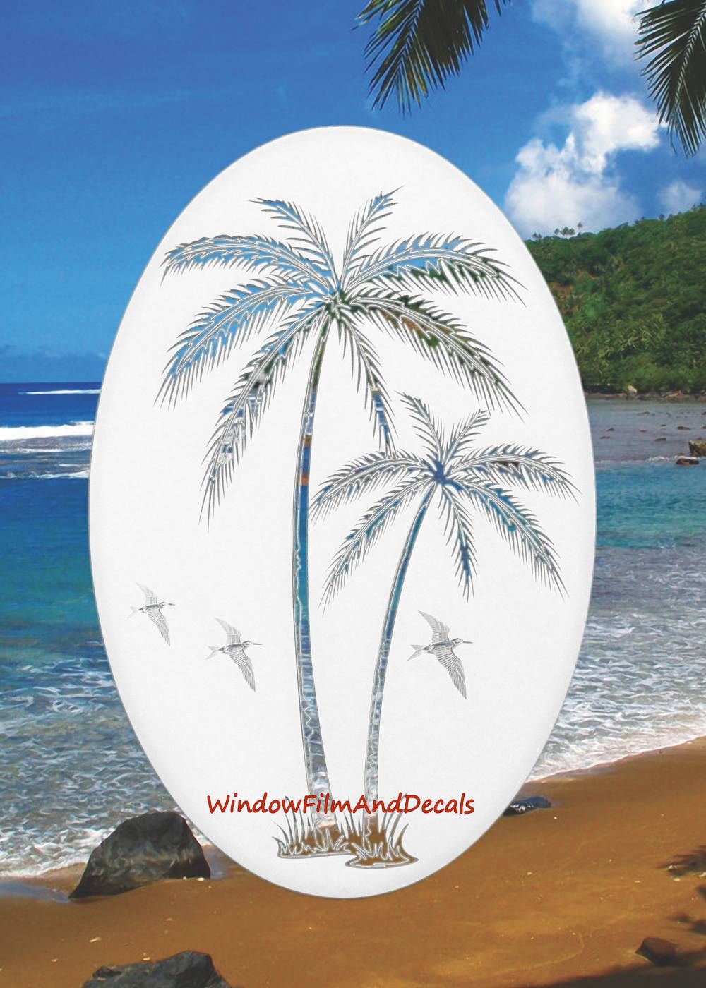 Palm Trees Oval Static Cling Window Decal Left Leaning - White w/Clear Design
