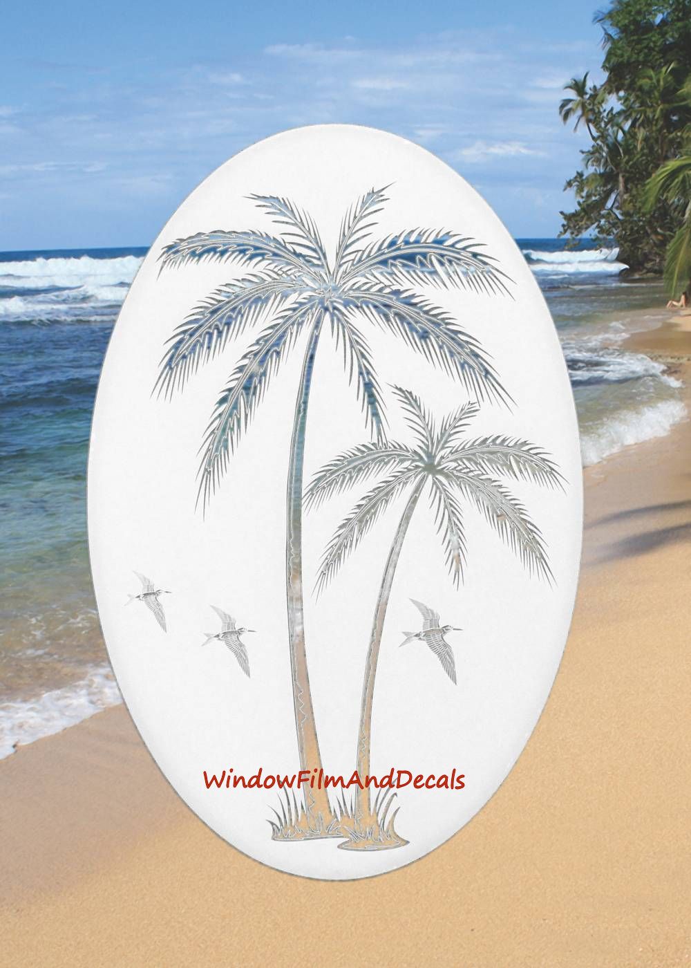 Palm Trees Oval Static Cling Window Decal Left Leaning - White w/Clear Design