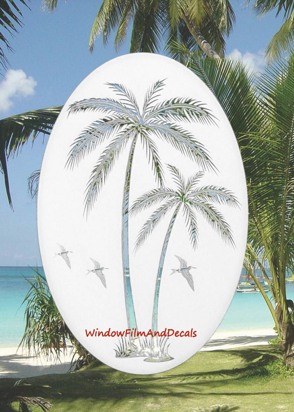 Palm Trees Oval Static Cling Window Decal Left Leaning - White w/Clear Design