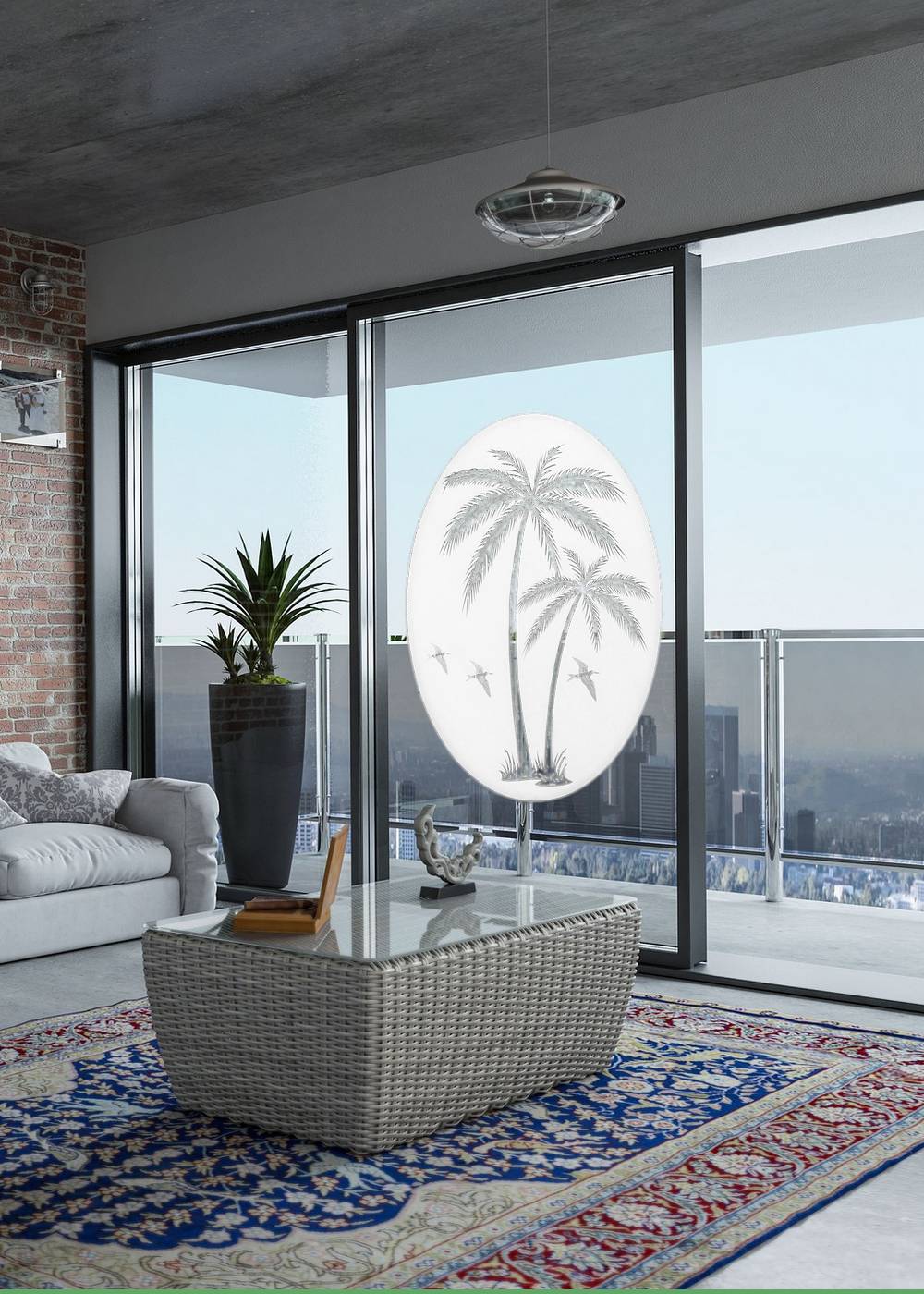 Palm Trees Oval Static Cling Window Decal Right Leaning - White w/Clear Design