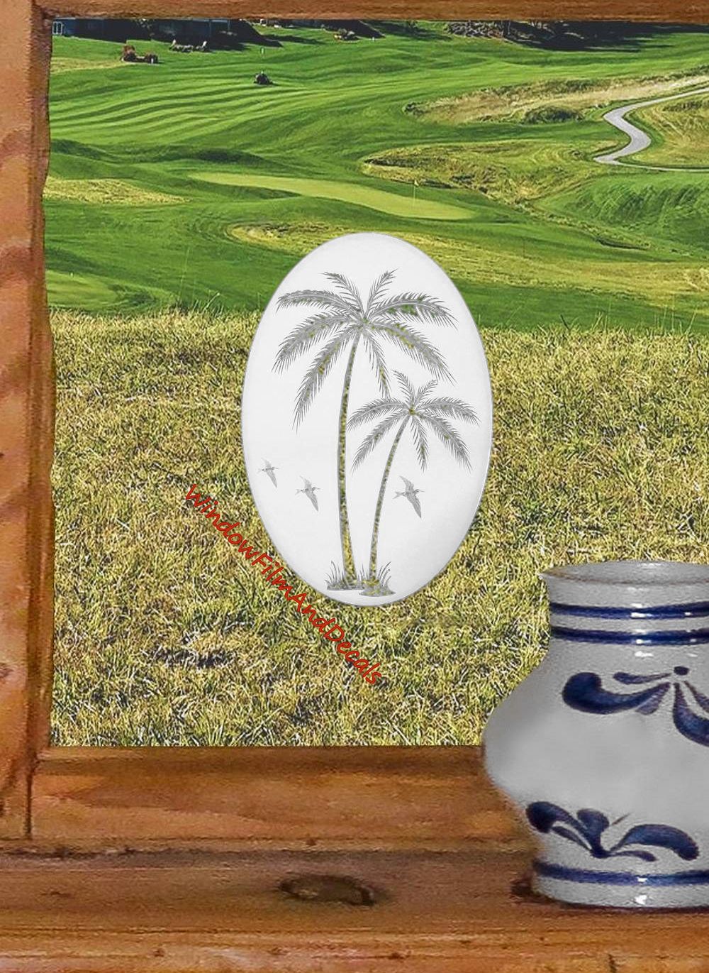 Palm Trees Oval Static Cling Window Decal Left Leaning - White w/Clear Design