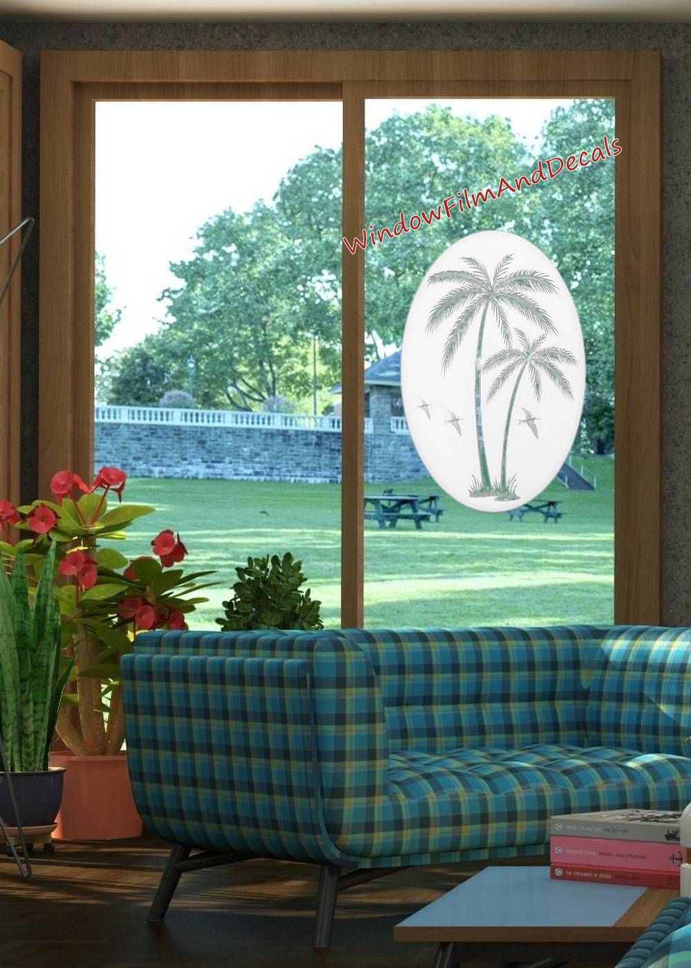 Palm Trees Oval Static Cling Window Decal Right Leaning - White w/Clear Design