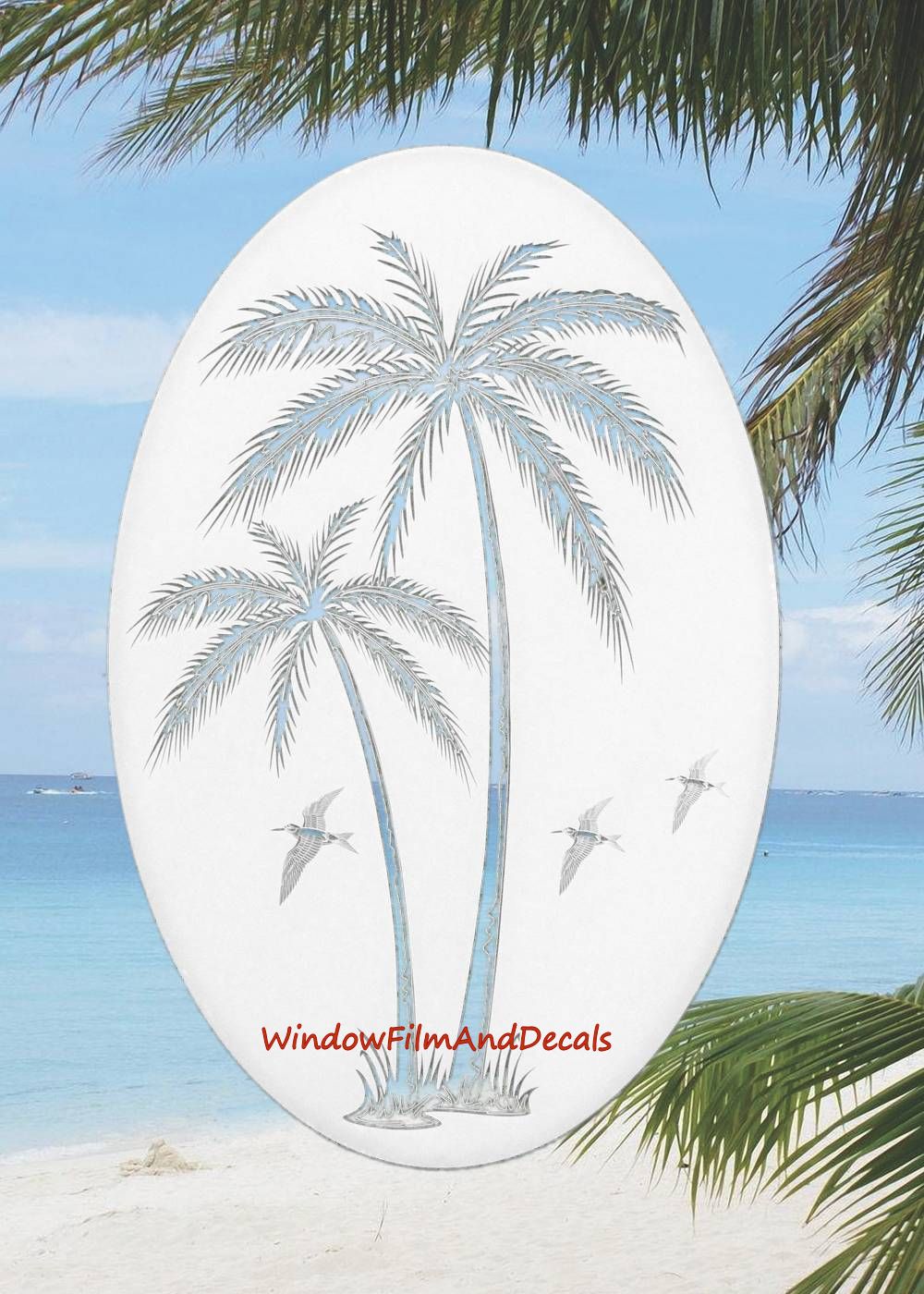 Palm Trees Oval Static Cling Window Decal Right Leaning - White w/Clear Design