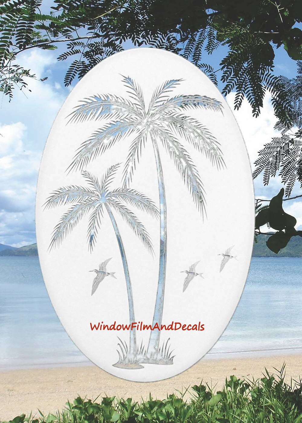 Palm Trees Oval Static Cling Window Decal Right Leaning - White w/Clea –