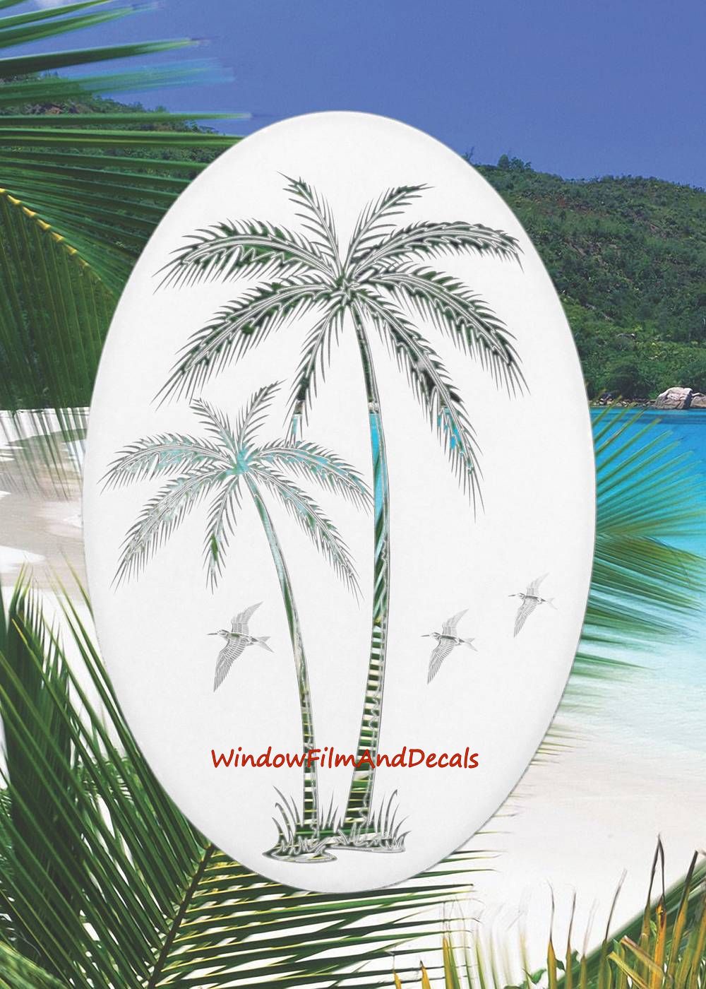 Palm Trees Oval Static Cling Window Decal Right Leaning - White w/Clear Design