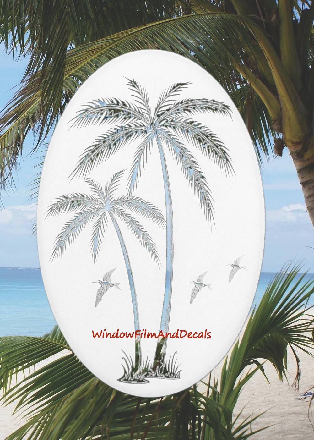 Palm Trees Oval Static Cling Window Decal Right Leaning - White w/Clear Design