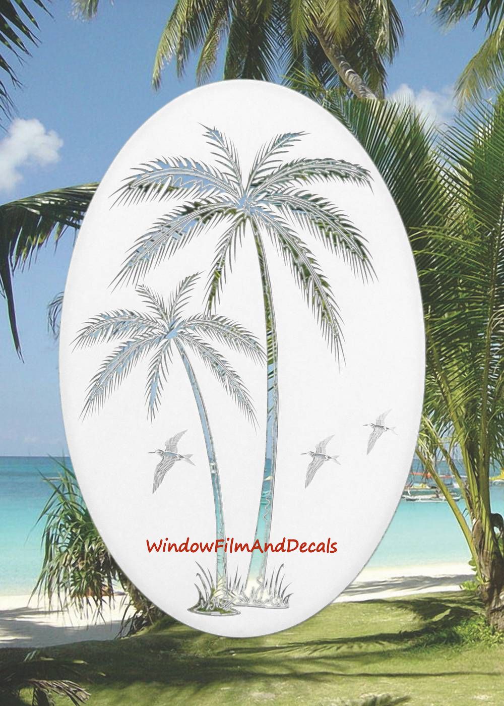 Palm Trees Oval Static Cling Window Decal Right Leaning - White w/Clear Design