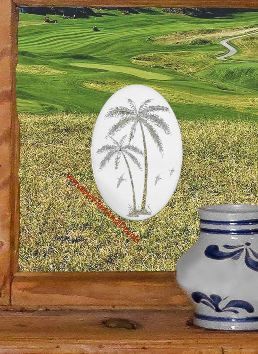 Palm Trees Oval Static Cling Window Decal Right Leaning - White w/Clear Design