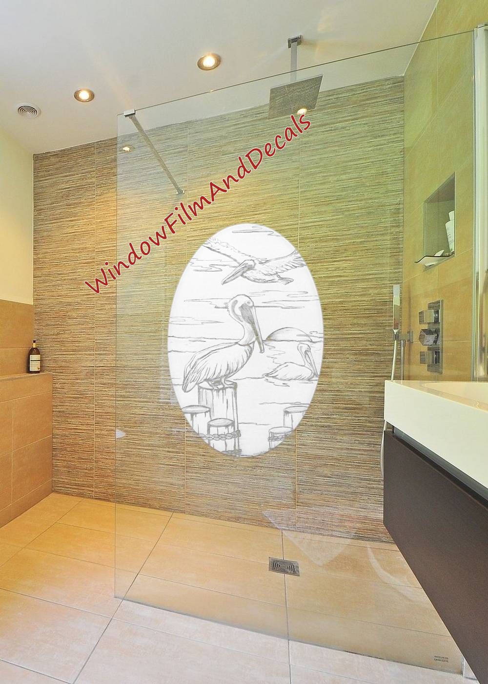Pelican Scene Oval Static Cling Window Decal - White w/Clear Design