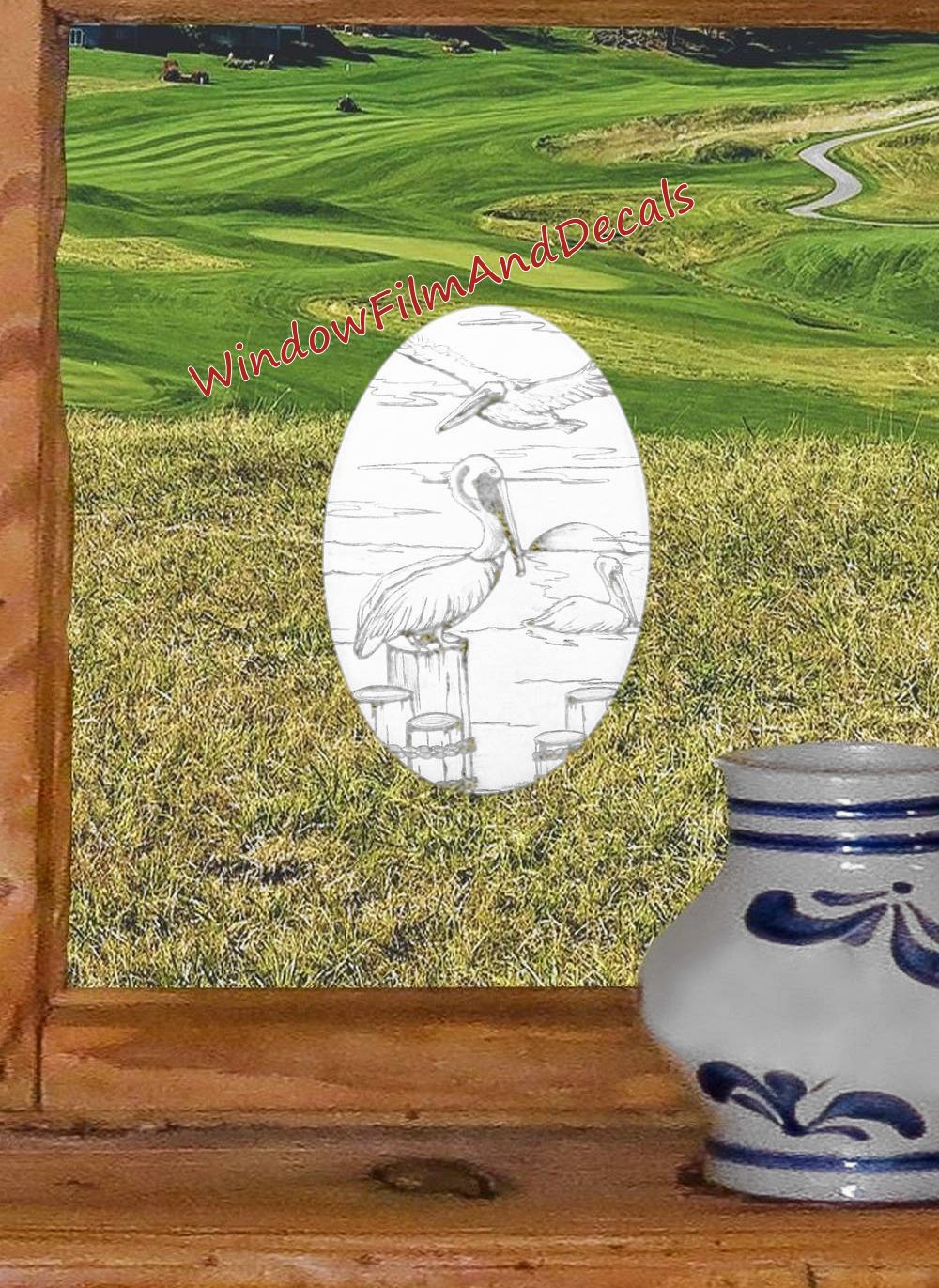 Pelican Scene Oval Static Cling Window Decal - White w/Clear Design