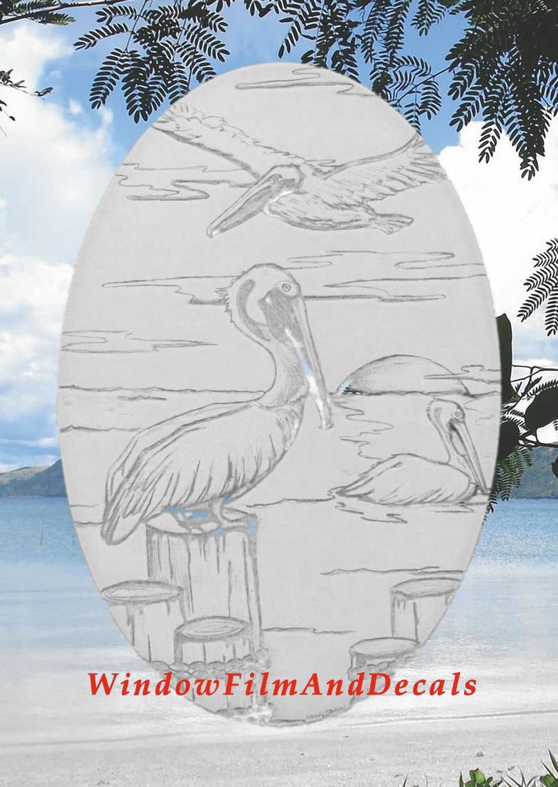 Pelican Scene Oval Static Cling Window Decal - White w/Clear Design