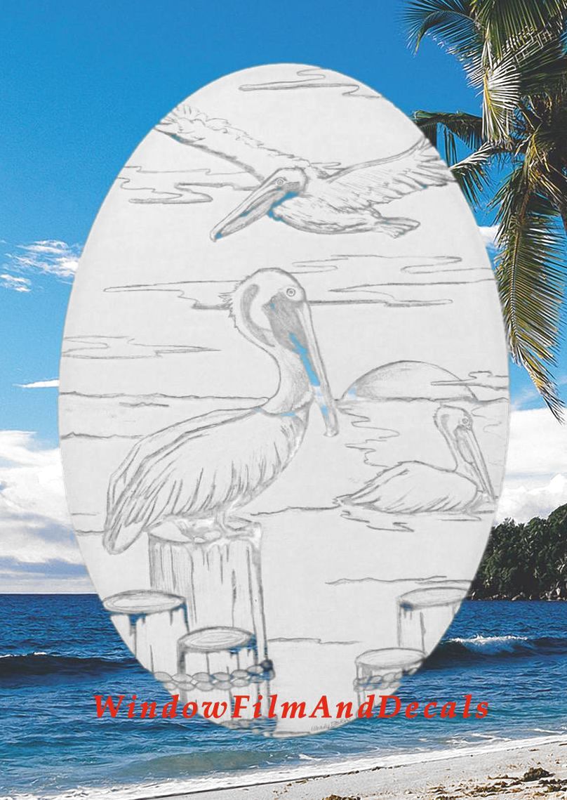 Pelican Scene Oval Static Cling Window Decal - White w/Clear Design
