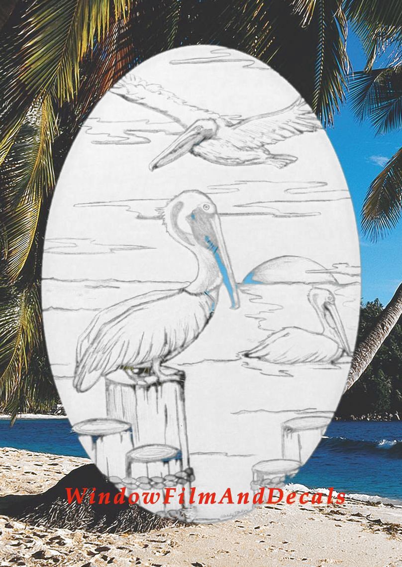 Pelican Scene Oval Static Cling Window Decal - White w/Clear Design