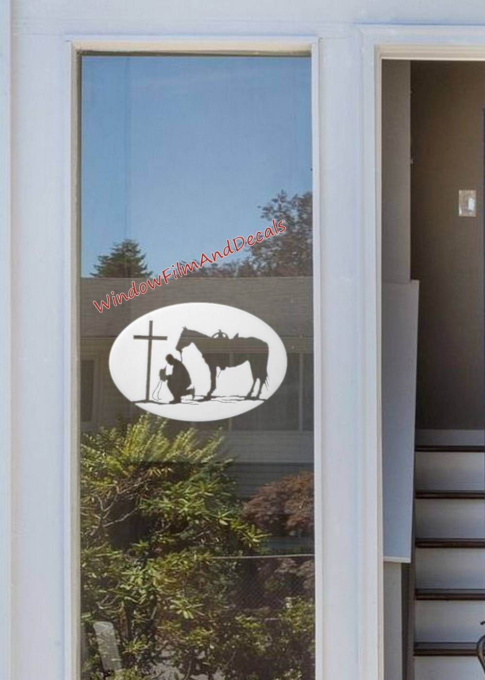 Praying Cowboy Oval Static Cling Window Decal 12" x 8" - White with Clear Design