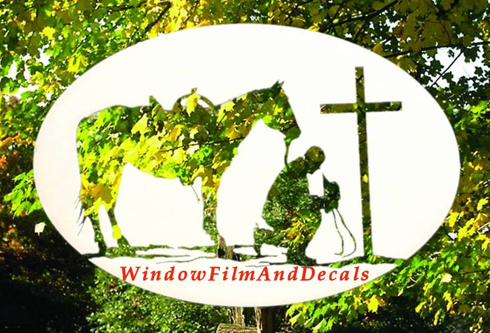 Praying Cowboy Oval Static Cling Window Decal 12" x 8" - White with Clear Design