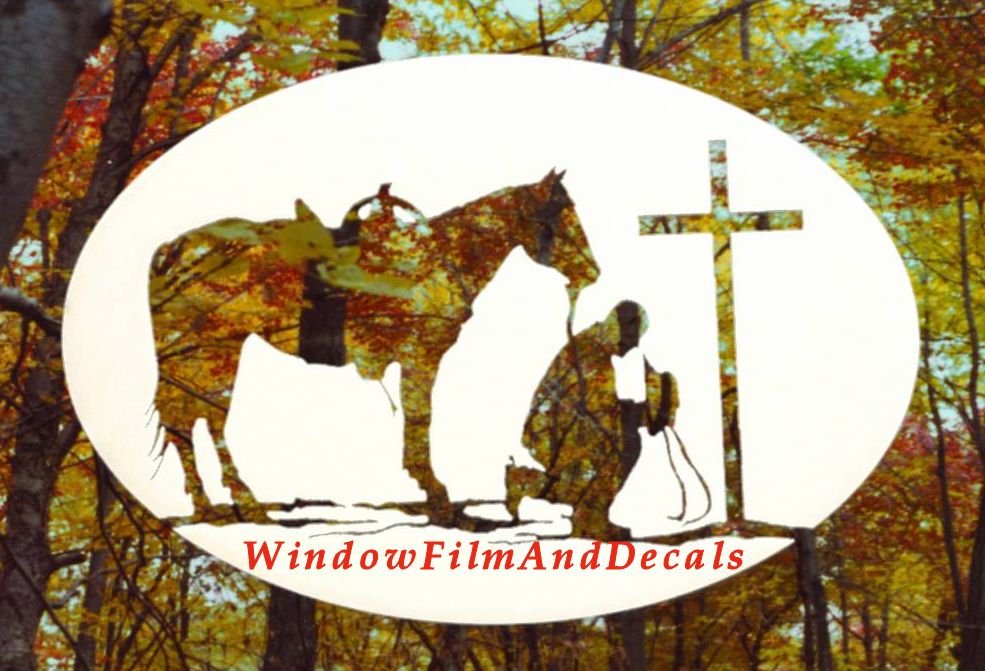 Praying Cowboy Oval Static Cling Window Decal 12" x 8" - White with Clear Design