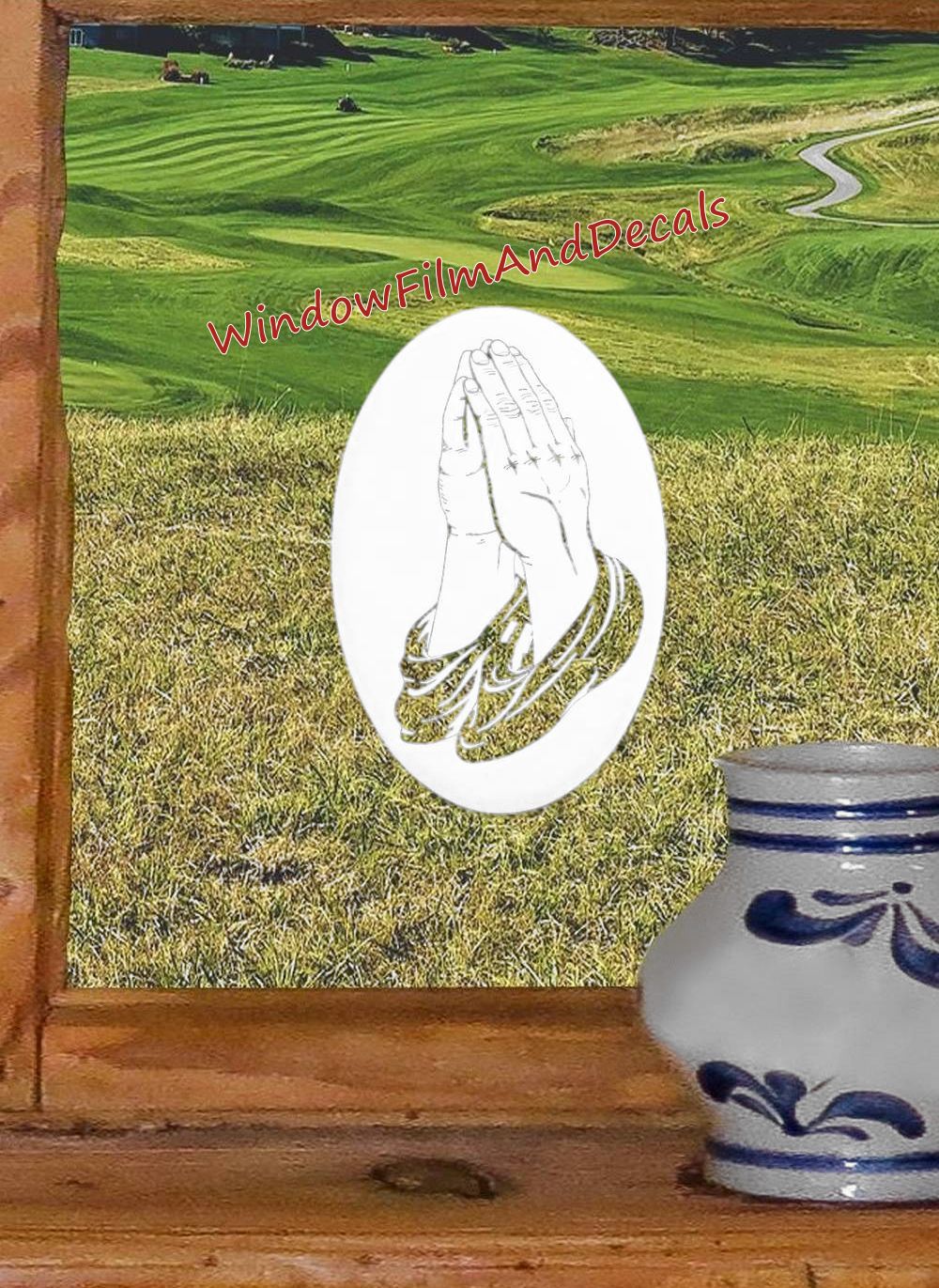 Praying Hands Oval Static Cling Window Decal - White w/ Clear Design