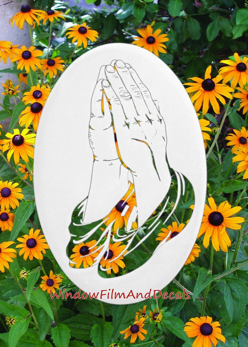 Praying Hands Oval Static Cling Window Decal - White w/ Clear Design