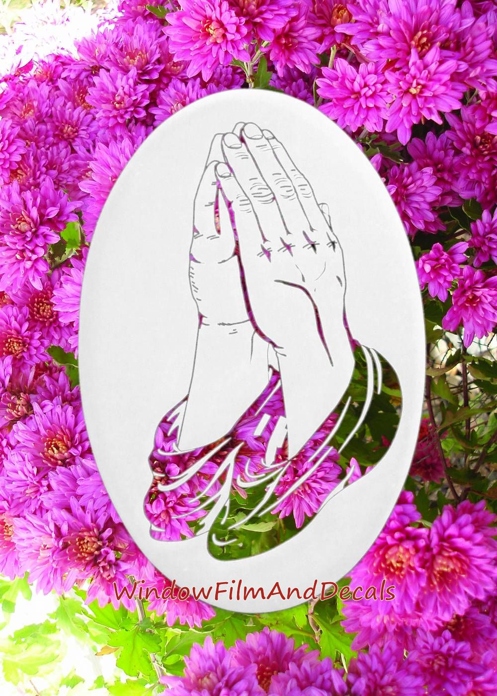 Praying Hands Oval Static Cling Window Decal - White w/ Clear Design