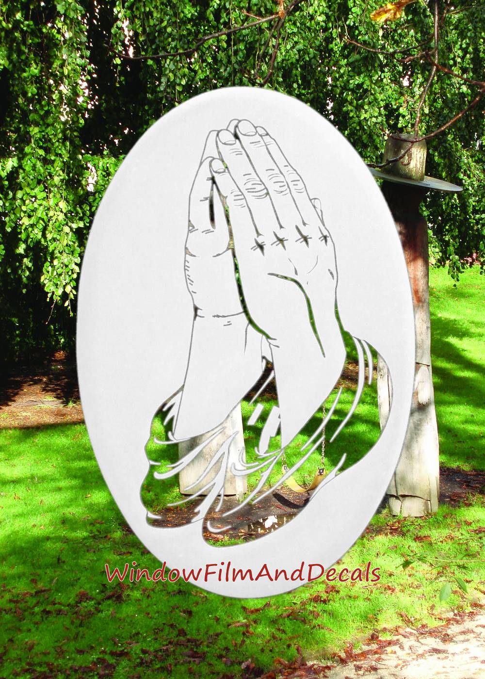 Praying Hands Oval Static Cling Window Decal - White w/ Clear Design