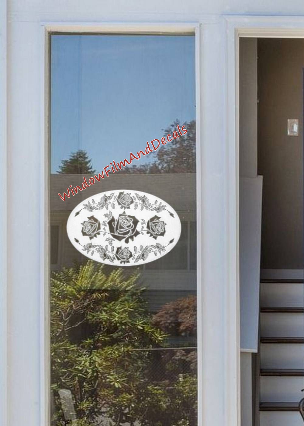 Rose Garland Oval Static Cling Window Decal - White with Clear Design