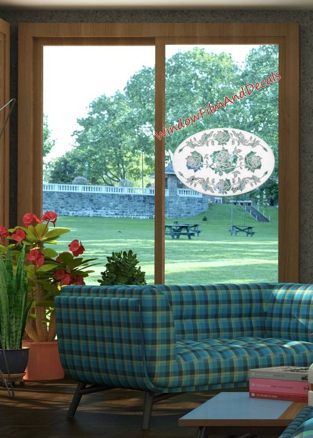 Rose Garland Oval Static Cling Window Decal - White with Clear Design