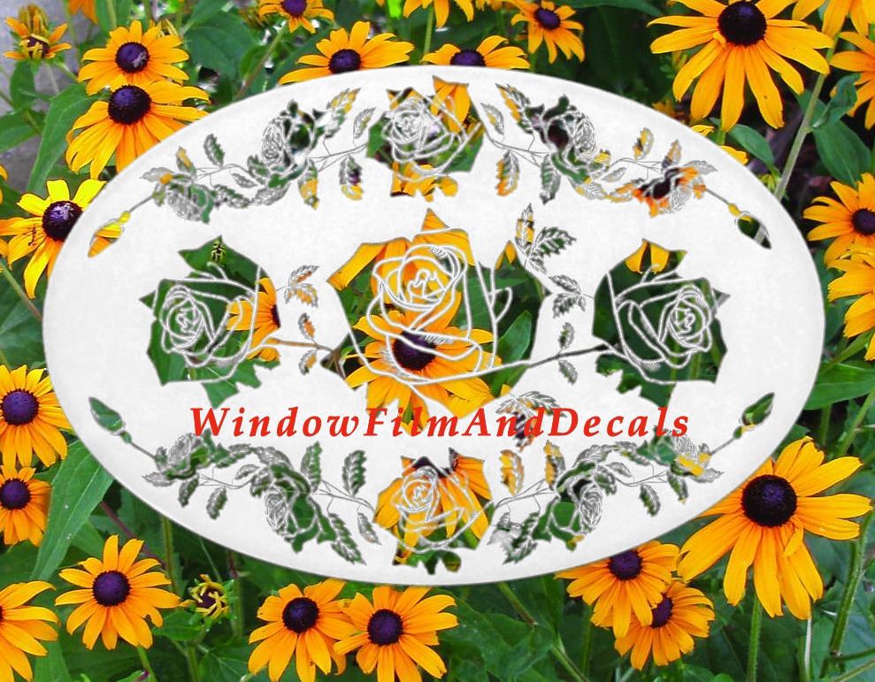 Rose Garland Oval Static Cling Window Decal - White with Clear Design