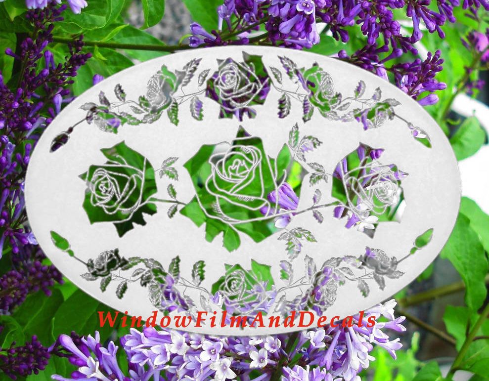 Rose Garland Oval Static Cling Window Decal - White with Clear Design