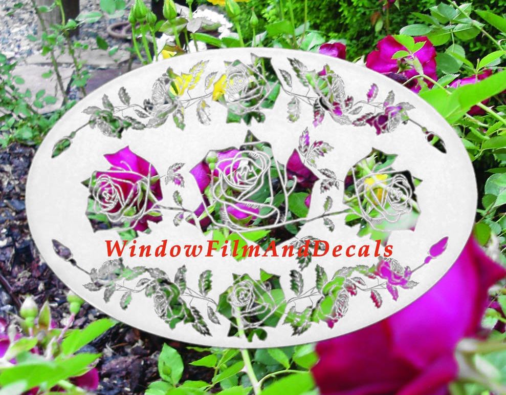Rose Garland Oval Static Cling Window Decal - White with Clear Design