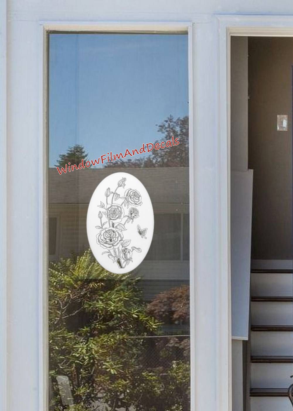 Roses Oval Static Cling Window Decal - White w/Clear Design