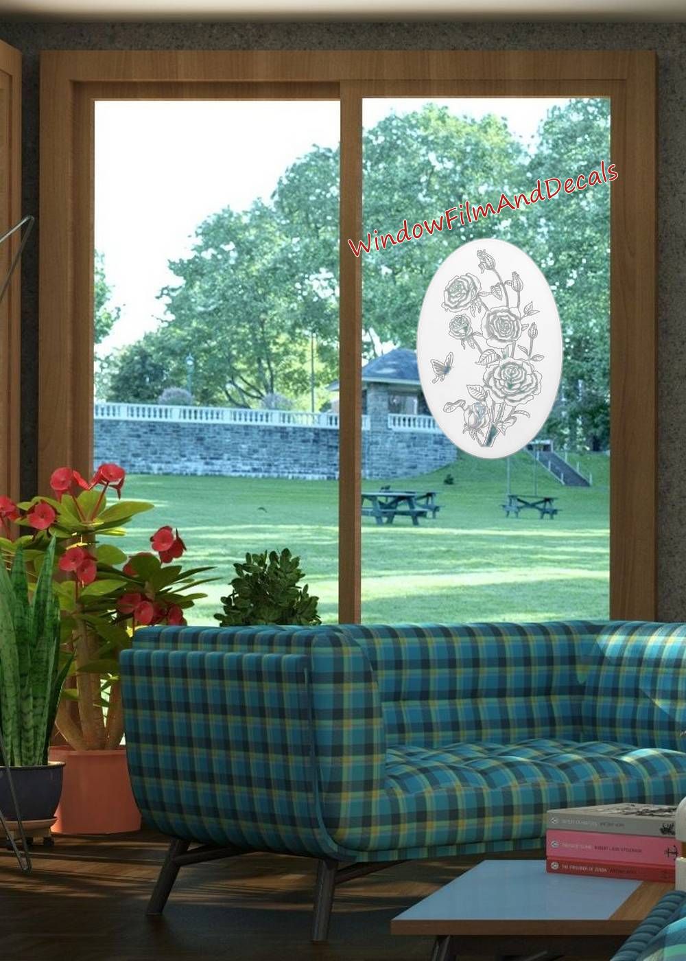 Roses Oval Static Cling Window Decal - White w/Clear Design