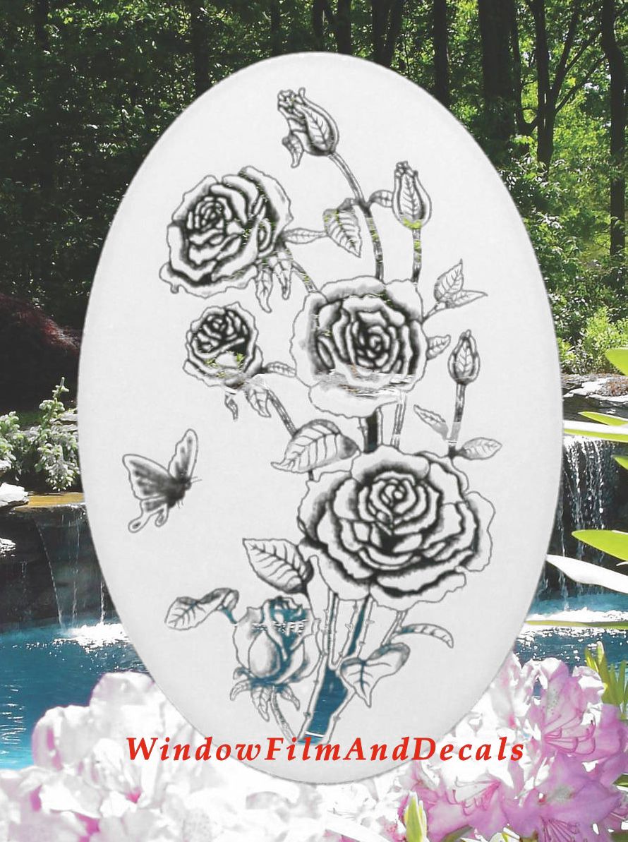 Roses Oval Static Cling Window Decal - White w/Clear Design
