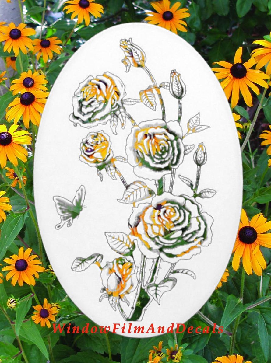 Roses Oval Static Cling Window Decal - White w/Clear Design