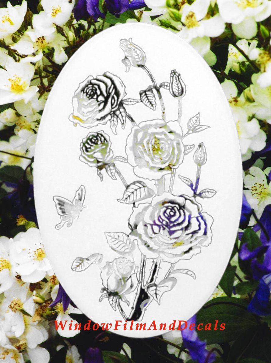 Roses Oval Static Cling Window Decal - White w/Clear Design