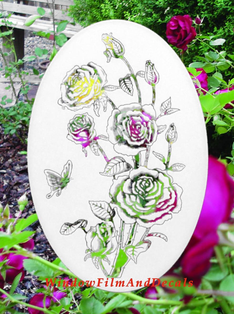 Roses Oval Static Cling Window Decal - White w/Clear Design