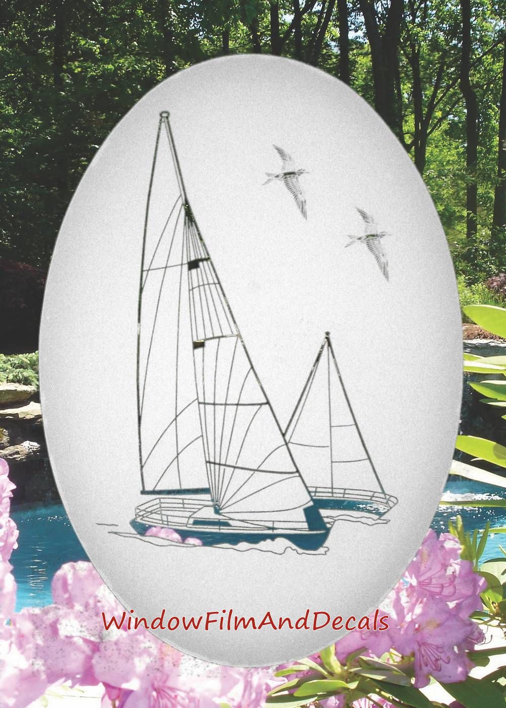 Sailboat Oval Static Cling Window Decal - White w/ Clear Design