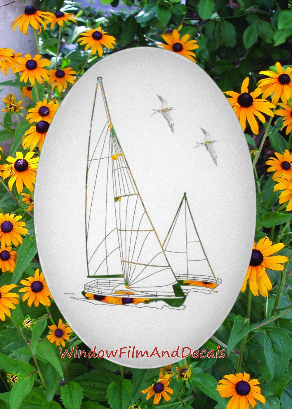Sailboat Oval Static Cling Window Decal - White w/ Clear Design